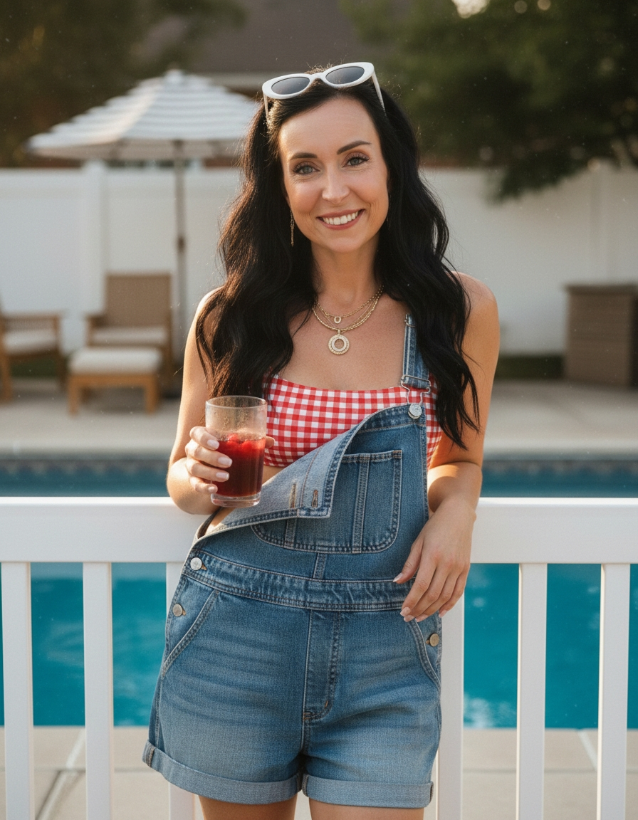 Woman in denim overalls and red gingham top holding a drink by the pool