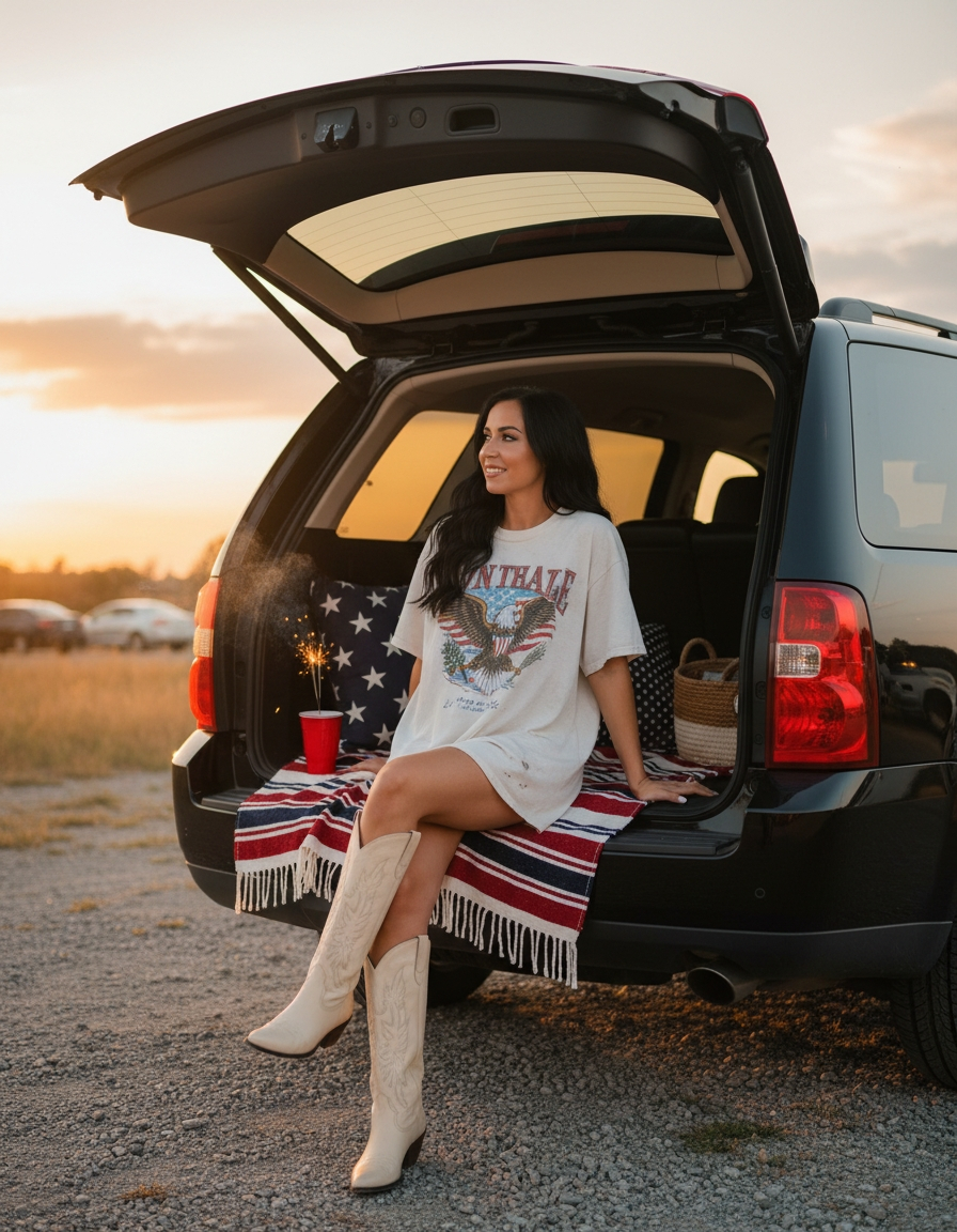 Woman in graphic tee and cowboy boots sitting in an open SUV trunk at sunset with a sparkler