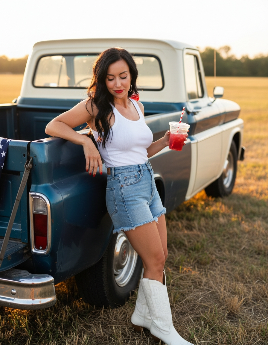 Woman in white tank and denim shorts leaning on a vintage truck at golden hour